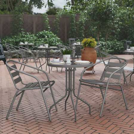 FLASH FURNITURE Lila 23.75in Round Glass Top Metal Table with 2 Silver Aluminum Slat Stack Chairs TLH-071RD-017CSV2-GG